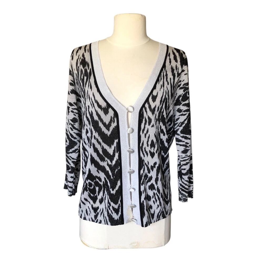 August Silk Cardigan Petite Large Black Silver Metallic Animal Print Sweater